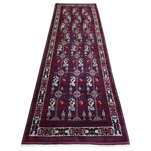 Deep Red with a Mix Of Ivory Soft and Shiny Wool, Hand Knotted With Geometric Repetitive Design Afghan Khamyab Runner Oriental Rug