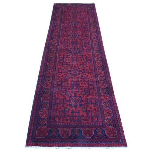 Deep and Saturated Red Tribal Design Velvety Wool, Afghan Khamyab Hand Knotted Runner Oriental Rug