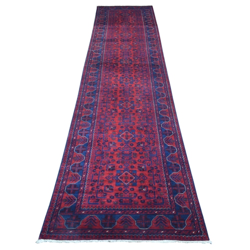 Deep And Saturated Red Natural Dyes Afghan Khamyab, Pure Wool With Geometric Design Hand Knotted Runner Oriental Rug