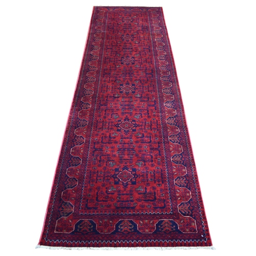 Deep and Saturated Red Hand Knotted with Tribal Design, Soft and Shiny Wool Afghan Khamyab Runner Oriental Rug