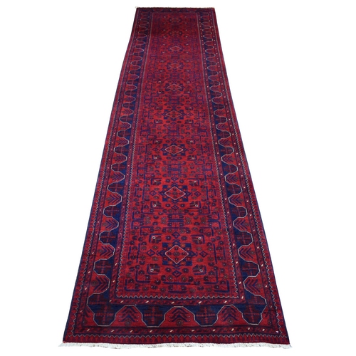 Deep and Saturated Red Tribal Design Velvety Wool, Afghan Khamyab Hand Knotted Runner Oriental 