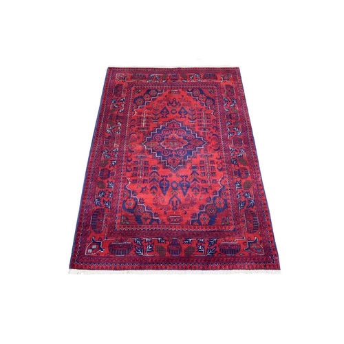 Deep and Saturated Red Tribal Design Velvety Wool, Afghan Khamyab Hand Knotted Oriental Rug