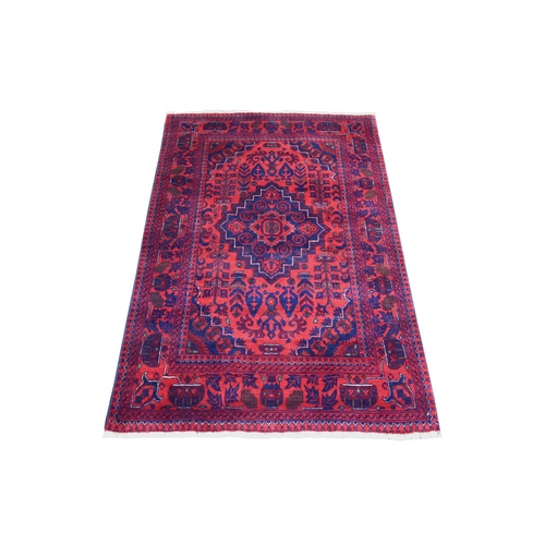Deep and Saturated Red Hand Knotted, Afghan Khamyab, Pure Wool Geometric Medallions Design Oriental Rug