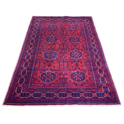 Deep And Saturated Red With Geometric Design Hand Knotted Afghan Khamyab, Velvety Wool Oriental Rug