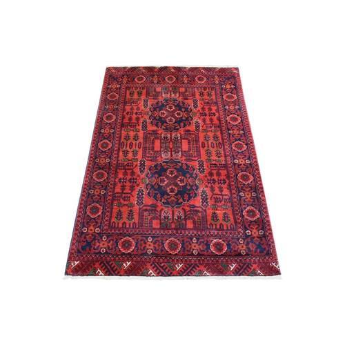 Deep And Saturated Red Hand Knotted, Afghan Khamyab, Geometric Medallions Design Pure Wool Oriental Rug