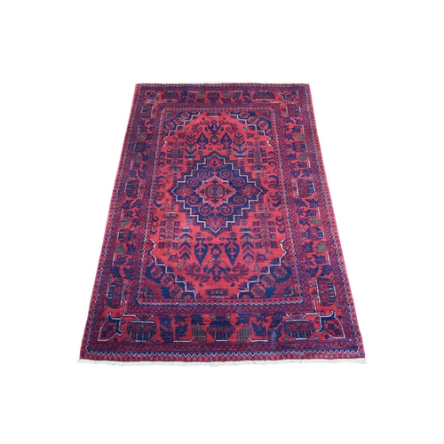 Deep And Saturated Red With Heriz Design Hand Knotted Afghan Khamyab, Velvety Wool Oriental 