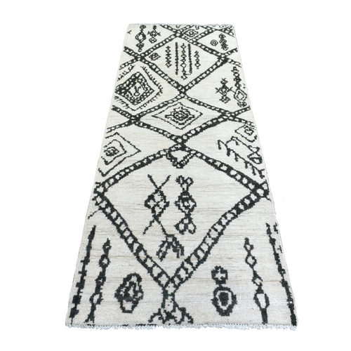 Ivory, Soft and Shiny Wool, Boujaad Moroccan Berber with Criss Cross Pattern, Natural Dyes, Hand Knotted Runner Oriental 