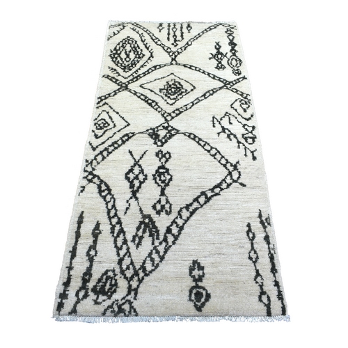 Ivory, Hand Knotted, Natural Dyes Soft and Shiny Wool, Boujaad Moroccan Berber with Criss Cross Pattern, Oriental Runner 