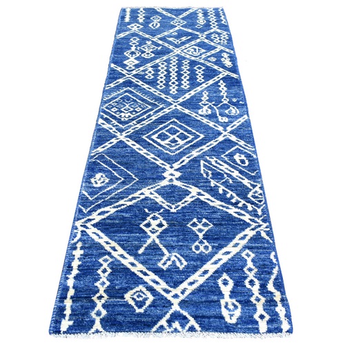 Denim Blue Boujaad Moroccan Berber with Criss Cross Pattern and Large Elements Hand Knotted, Soft and Shiny Wool, Natural Dyes, Runner Oriental Rug