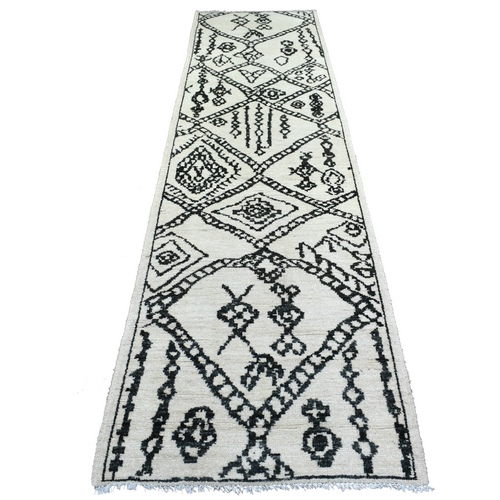 Ivory Natural Dyes Hand Knotted, Soft and Shiny Wool, Boujaad Moroccan Berber with Criss Cross Pattern with Large Elements Runner Oriental Rug