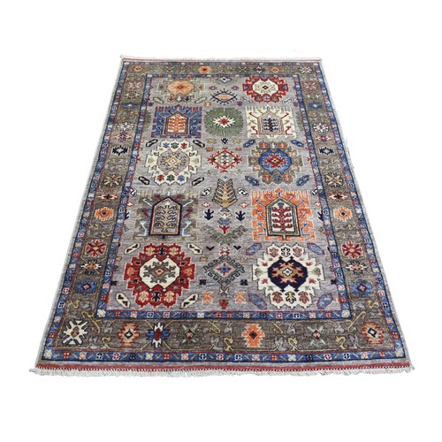 Gray, Natural Dyes Soft Wool Hand Knotted, Caucasian Ersari with Geometric Gul Motifs, Oriental Rug