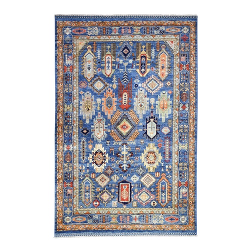 Denim Blue, Afghan Ersari with Large Elements Design, Vegetable Dyes Pure Wool Hand Knotted, Oriental Rug