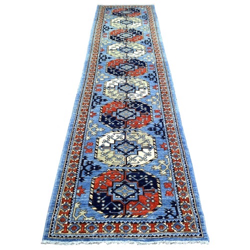Blue, Afghan Ersari with Elephant Feet Design, Natural Dyes Soft Wool Hand Knotted, Runner Oriental Rug