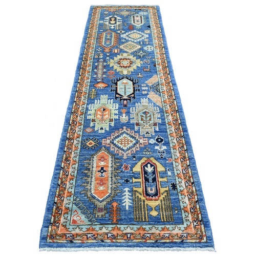Blue, Pure Wool Hand Knotted, Caucasian Ersari with Geometric Gul Motifs Vegetable Dyes, Runner Oriental Rug