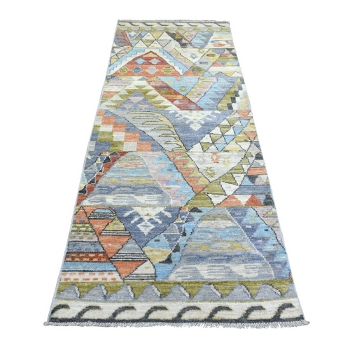 Colorful, Hand Knotted Anatolian Village Inspired with Triangular Pattern, Natural Dyes Soft Wool, Wide Runner Oriental Rug
