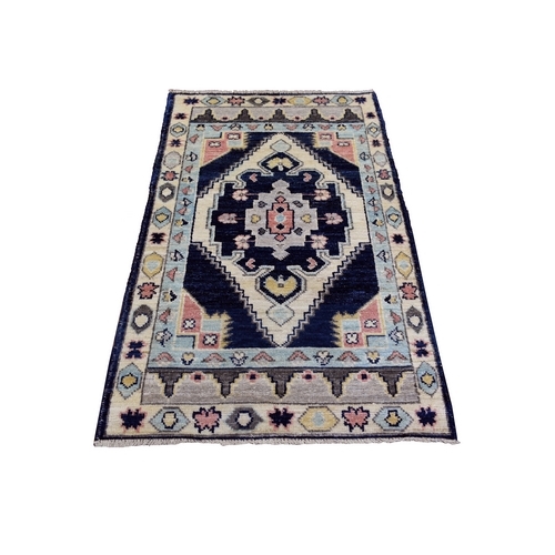 Midnight Blue, Pure Wool Hand Knotted, Anatolian Village Inspired with Geometric Pattern Natural Dyes, Oriental Rug