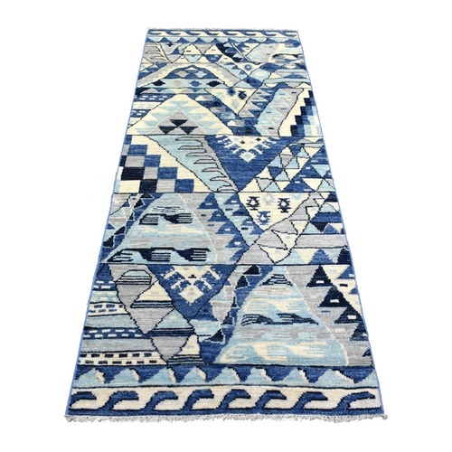 Denim Blue, Anatolian Village Inspired with Patchwork Design Natural Dyes Soft and Supple Wool Hand Knotted, Wide Runner Oriental Rug
