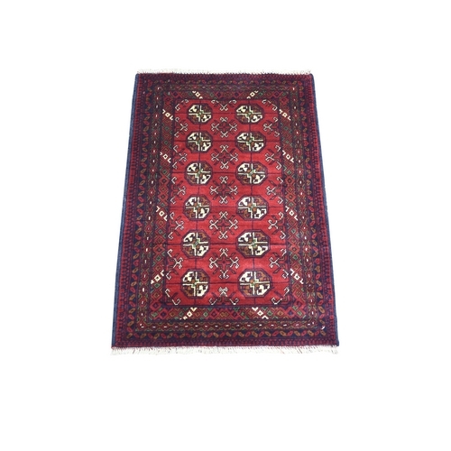 Deep and Saturated Red Natural Dyes Afghan Khamyab Velvety Wool, Bokara Design Pure Wool Mat Oriental 