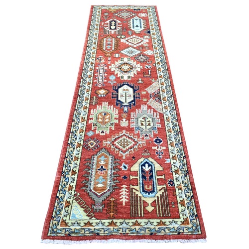 Rich Red, Natural Dyes Soft Wool Hand Knotted, Afghan Ersari with Large Elements, Runner Oriental Rug