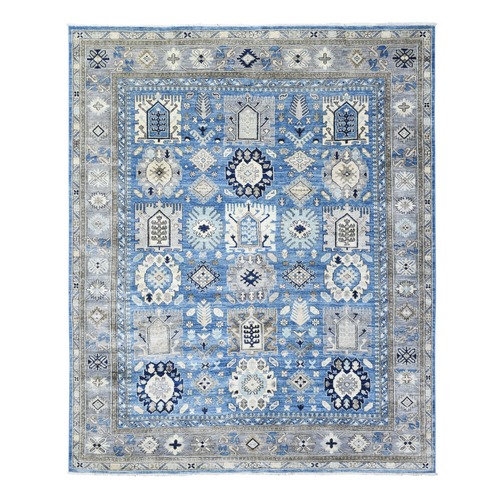 Light Blue, Organic Wool Hand Knotted, Afghan Ersari with Large Elements Design Natural Dyes, Oriental 