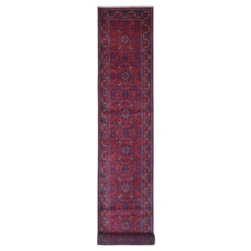Deep and Saturated Red, Soft and Velvety Wool Hand Knotted, Afghan Khamyab with Geometric Design, XL Runner Oriental Rug