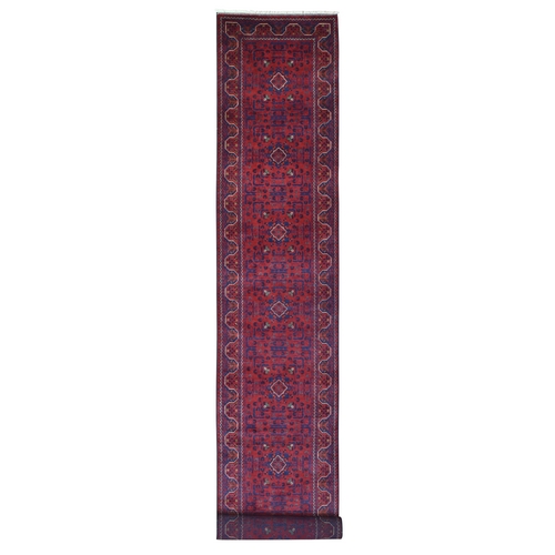 Deep and Saturated Red, Afghan Khamyab with Geometric Design, Extra Soft Wool Hand Knotted, XL Runner Oriental Rug
