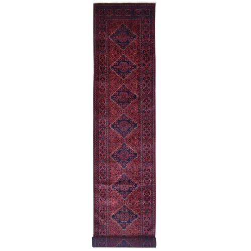Deep and Saturated Red, Afghan Khamyab with Tribal Medallions Design, Velvety Wool Hand Knotted, XL Runner Oriental Rug