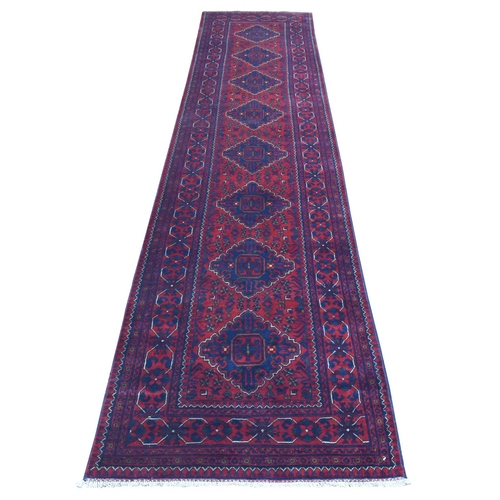 Deep and Saturated Red, Afghan Khamyab with Tribal Medallions Design, Soft Wool Hand Knotted, Runner Oriental Rug