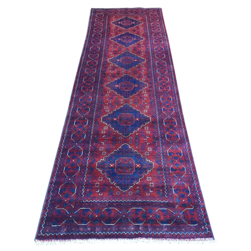 Deep and Saturated Red, Organic Wool Hand Knotted, Afghan Khamyab with Tribal Medallions, Runner Oriental Rug