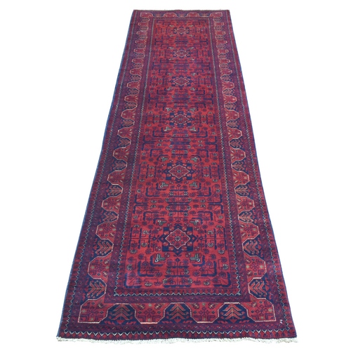 Deep and Saturated Red, Soft Organic Wool Hand Knotted, Afghan Khamyab with Geometric Design, Runner Oriental Rug