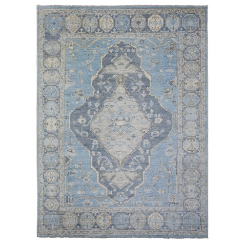 Light Blue, Anatolian Village Inspired with Large Medallion Design Natural Dyes, Soft Wool Hand Knotted, Oriental Rug