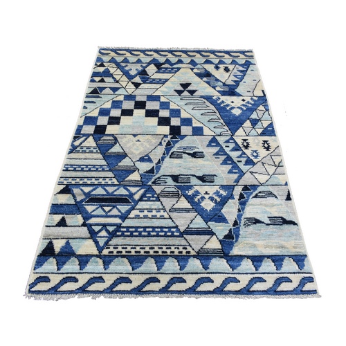 Blue Anatolian Village Inspired with Patchwork Design, Natural Dyes Soft and Supple Wool, Hand Knotted Oriental Rug