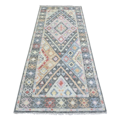 Charcoal Gray, Hand Knotted, Natural Wool, Anatolian Village Inspired Geometric Design Runner Oriental Rug
