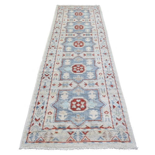 Light Gray Natural Wool, Anatolian Village Inspired Geometric Design Hand Knotted Runner Oriental Rug