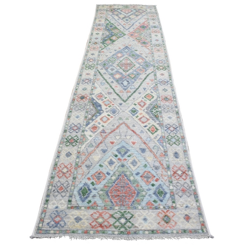 Gray, Hand Knotted Anatolian Village Inspired Geometric Design, Natural Wool, Runner Oriental Rug