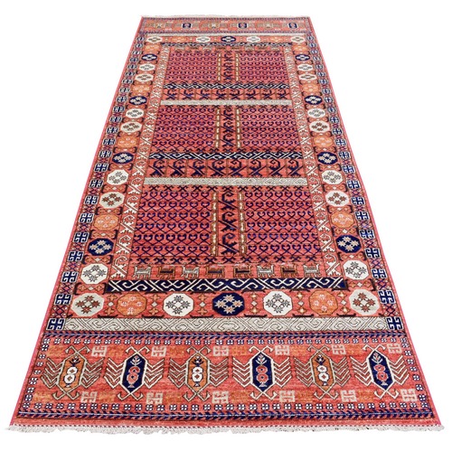 Brick Red, Afghan Ersari with Hutchlu Design Natural Dyes Soft and Lush Pile Wool Hand Knotted, Wide Runner Oriental 