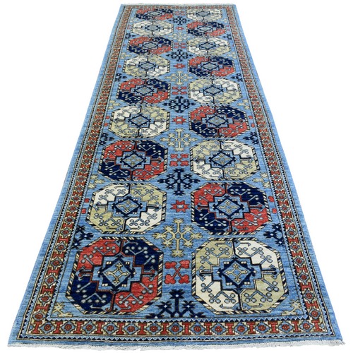Light Blue, Afghan Ersari with Elephant Feet Design, Natural Dyes, Soft Organic Wool Hand Knotted, Wide Runner Oriental 