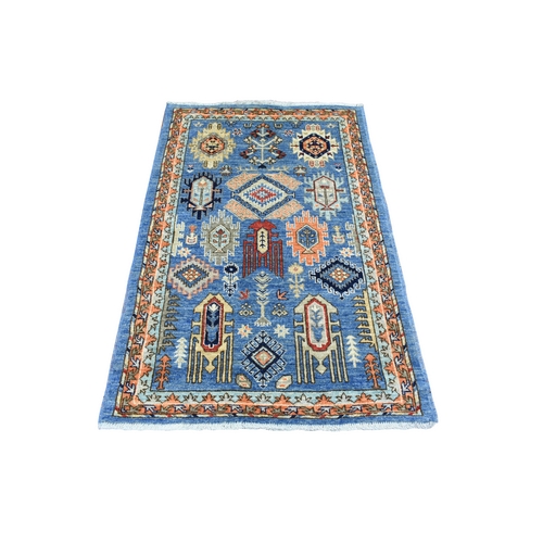 Light Blue, Afghan Ersari with Large Elements, Natural Dyes Soft Lush Pile, Soft Wool Hand Knotted, Oriental 