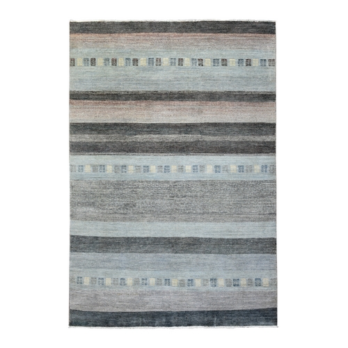 Light Gray, Hand Knotted Afghan Kashkuli Gabbeh Stripe Design, Natural Dyes Fine Weave Organic Wool, Oriental Rug