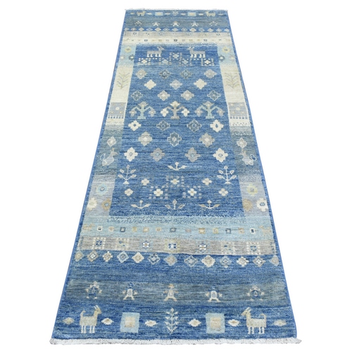 Denim Blue, Fine Weave Soft and Shiny Wool Hand Knotted, Afghan Kashkuli Gabbeh Design Natural Dyes, Runner Oriental Rug