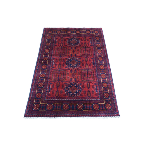 Deep and Saturated Red, Afghan Khamyab with Geometric Design, Soft and Shiny Wool Hand Knotted, Oriental 