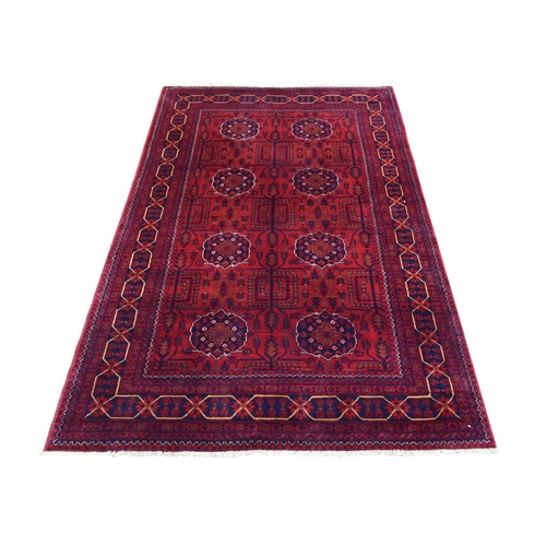 Deep and Saturated Red, Natural Dyes Afghan Khamyab, Pure Wool with Geometric Design Hand Knotted Oriental Rug