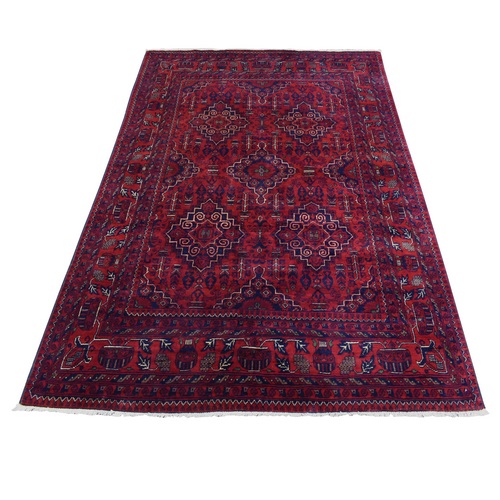 Deep and Saturated Red, Soft and Shiny Wool, Hand Knotted with Geometric Medallions Afghan Khamyab Oriental Rug