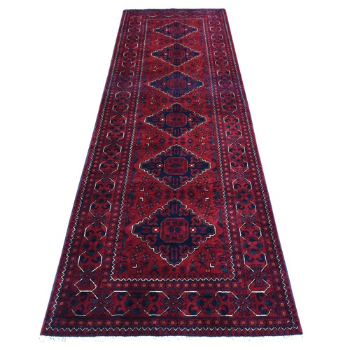 Deep and Saturated Red with Geometric Design, Hand Knotted Afghan Khamyab, Velvety Wool Runner Oriental Rug