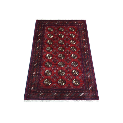 Deep and Saturated Red with Geometric Design, Hand Knotted Afghan Khamyab Bokara, Velvety Wool Mat Oriental Rug