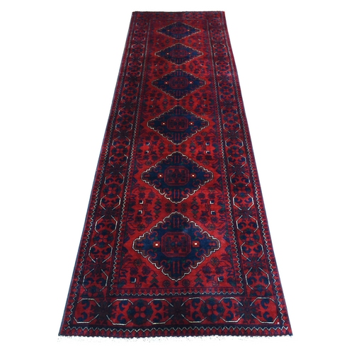 Deep and Saturated Red, Hand Knotted Wool Afghan Khamyab, Geometric Medallions Runner Oriental Rug