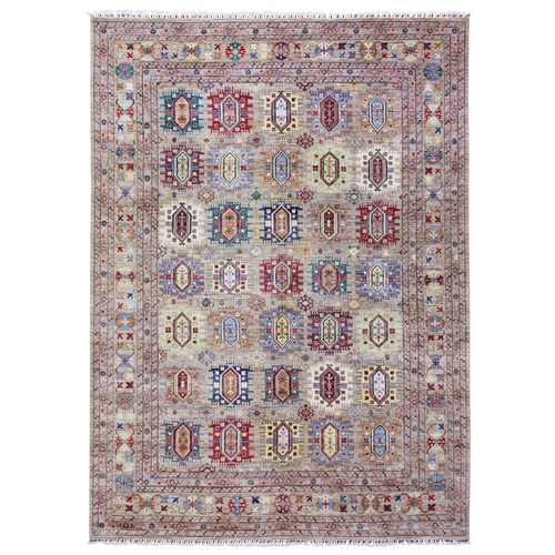 Taupe, Afghan Super Kazak with Repetitive Caucasian Gul Design, Natural Dyes Densely Weave, Soft and Velvety Wool Hand Knotted, Oriental Rug