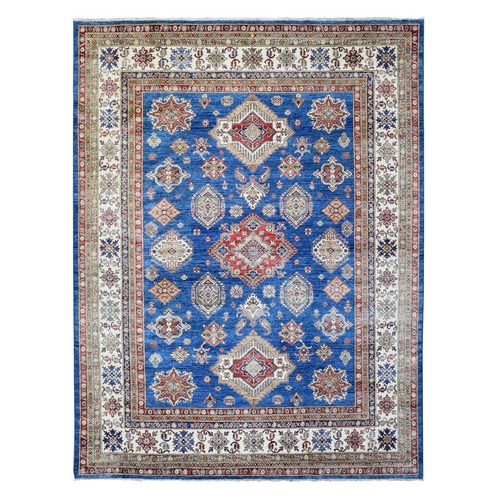 Denim Blue, Densely Woven Velvety Wool Hand Knotted, Afghan Super Kazak with Tribal Medallions Design Natural Dyes, Oriental Rug