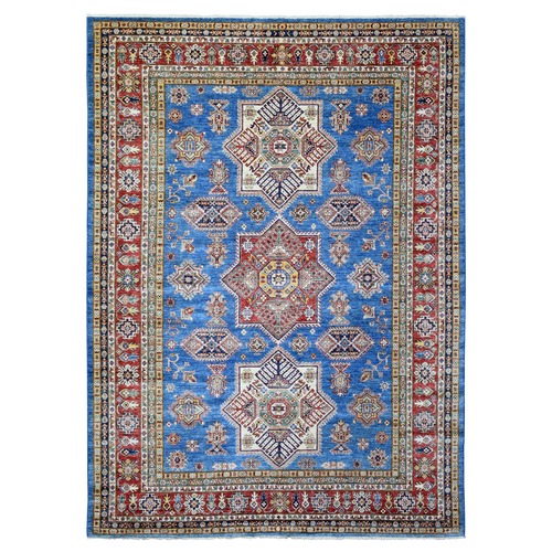 Denim Blue, Afghan Super Kazak with Tribal Medallions Design Natural Dyes, Densely Woven Soft Wool Hand Knotted, Oriental Rug