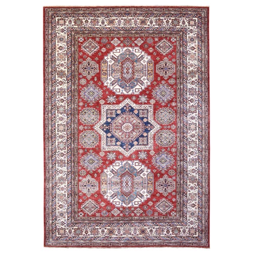 Tomato Red, Afghan Super Kazak with Tribal Medallions Design Natural Dyes, Densely Woven Pure Wool Hand Knotted, Oriental Rug
